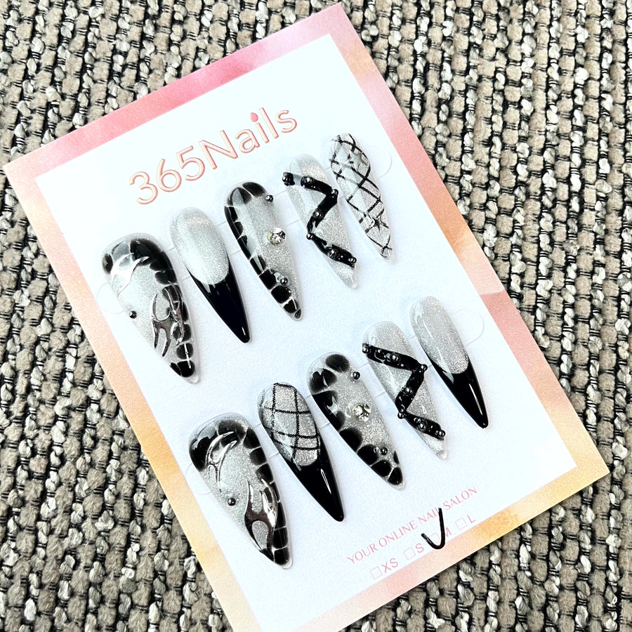 Noir Edge: "Silver Shadow" – Long Stiletto Press-on Nails