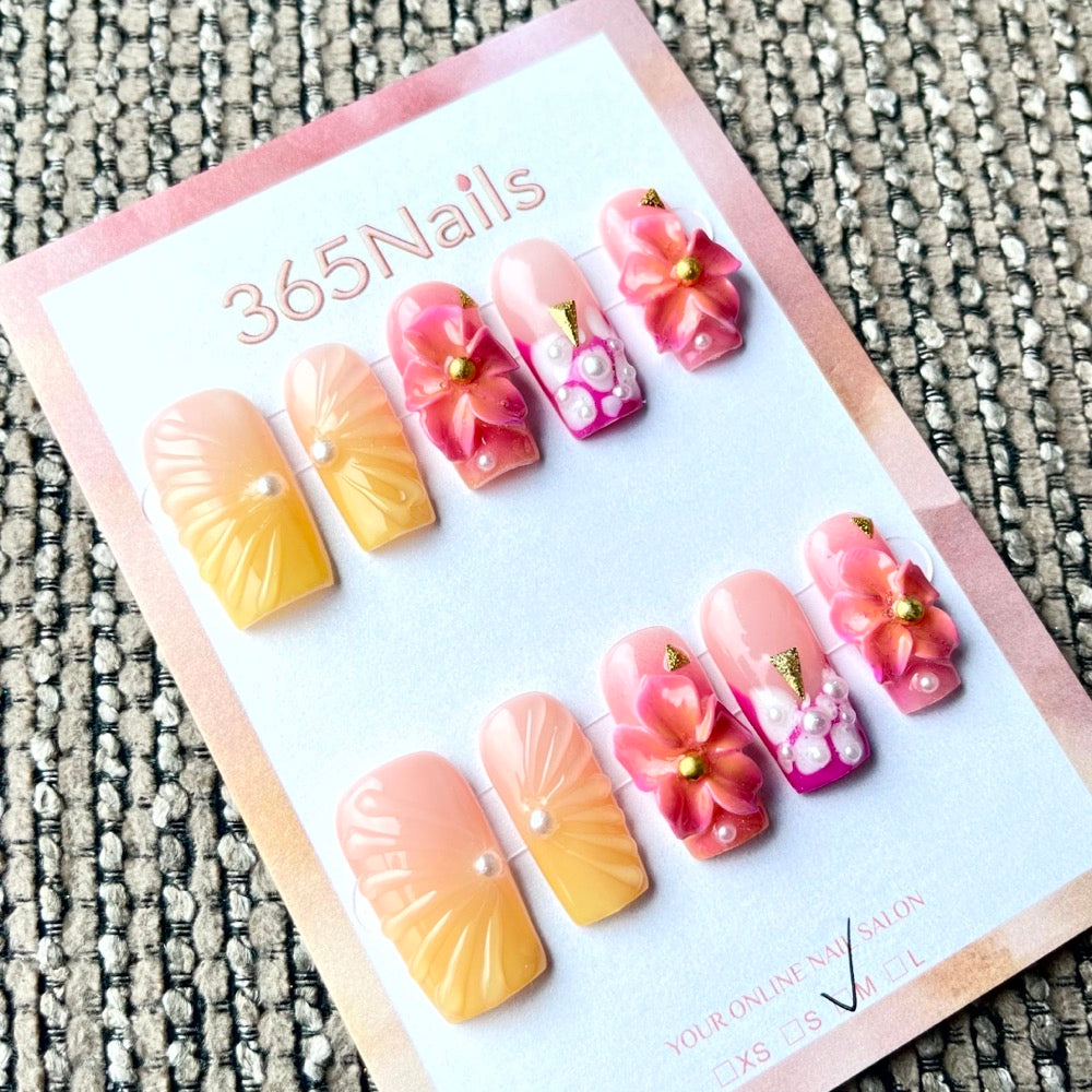365nails: "Citrus Bloom" – 3D Floral Handmade Almond Nails