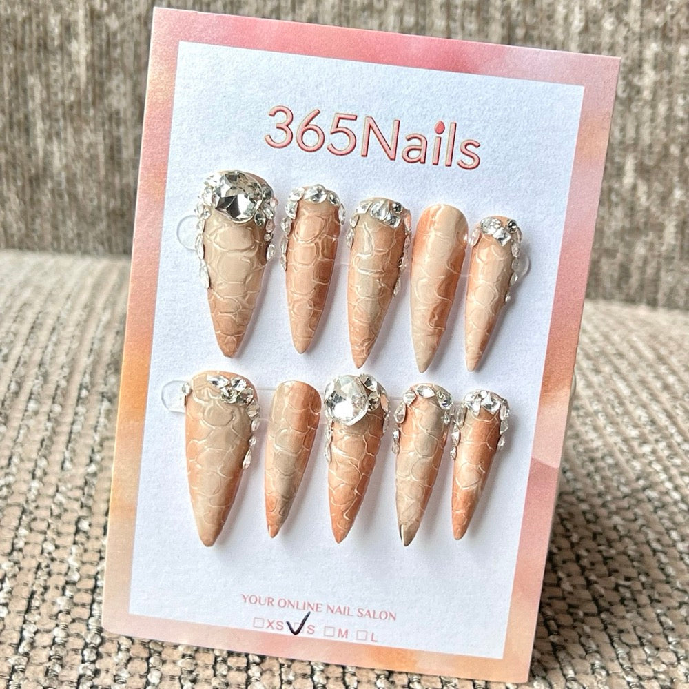 365nails: "Nude Croc Jewel" – Textured Crocodile & Crystal Embellished Handmade Stiletto Nails