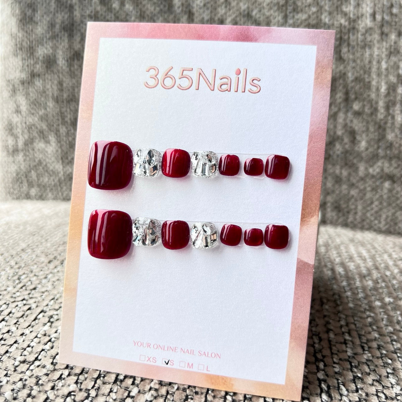 365nails: "wine red & diamond sparkle" – handmade press-on pedicure