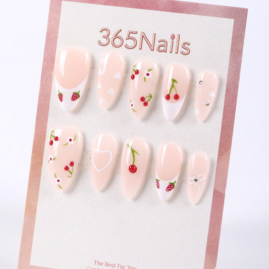365Nails Sheer Nude Pink French with Hand-Painted Cherries, Strawberries and Daisies – Sweet Almond Press-On Nails