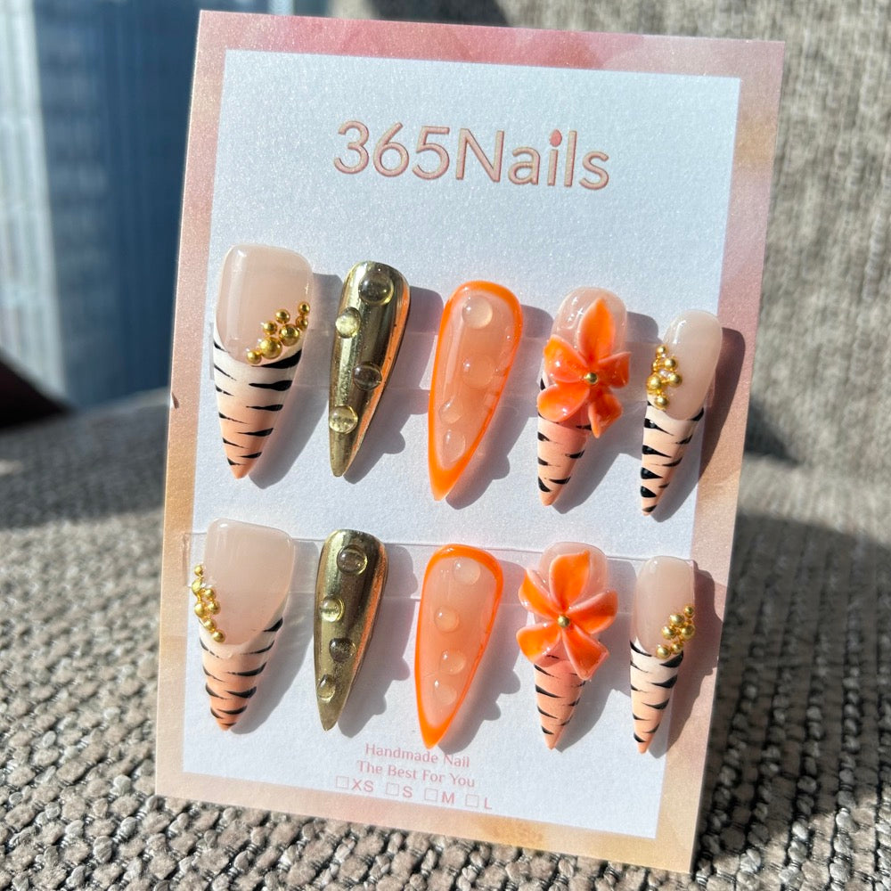 Sculpted Flora: "Liquid Gold Tigress" – 3D Orange Flower, Tiger Print French & Metallic Gold Water Drop Nails