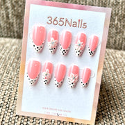 Fleur rose à pois — ongles faits main ultra-doux à ajustement flexible — vente en gros (MOQ=100)