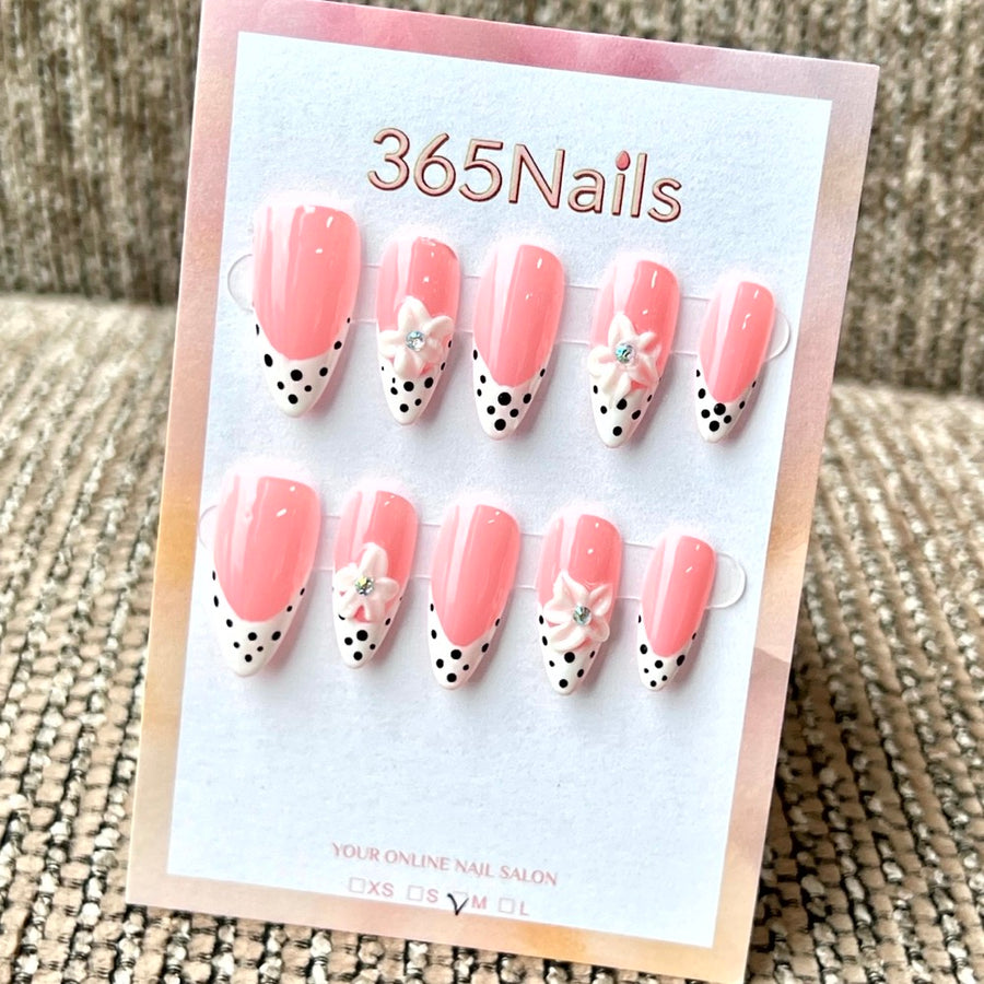 "Pink Polka Dot Flower" - Wholesale Ultra-Soft Flexible Fit Handmade Nails (MOQ=100)