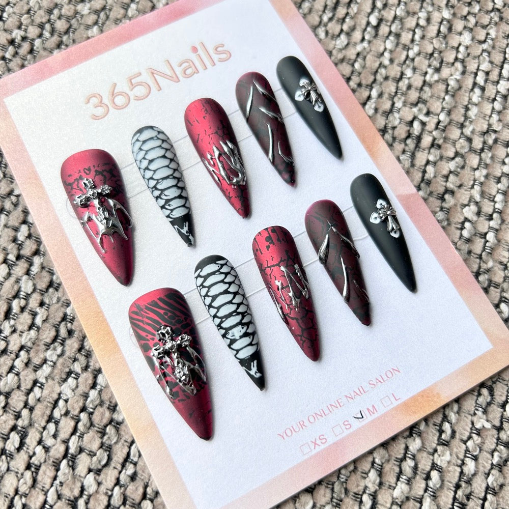 Femme Fatale: "Blood Oath" – Matte Red Crackle & Snake Scales, Liquid Silver Chrome & Cross Charm Long Stiletto Nails
