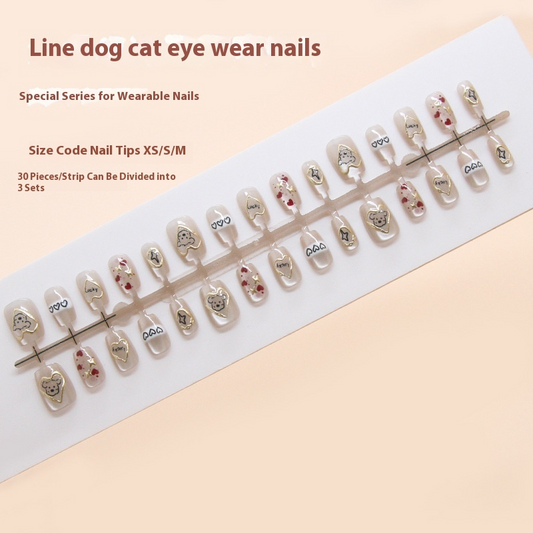 Nail Tips  prefabricated nail cartoon press on nails line puppy chasing light cat eye three-dimensional nail short T nail patch ｜365nails