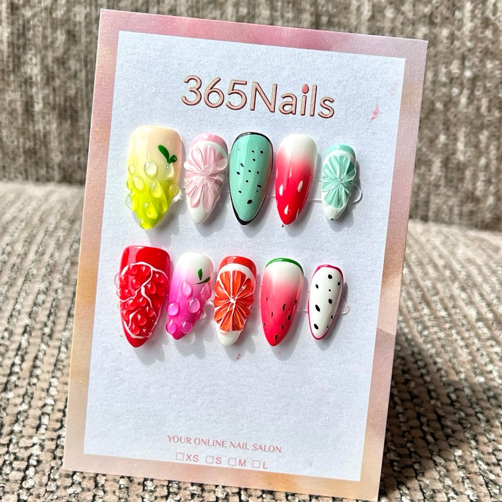 365nails: "Tropical Fruit Medley" – 3D Citrus & Berry Handmade Medium Almond Press On Nails