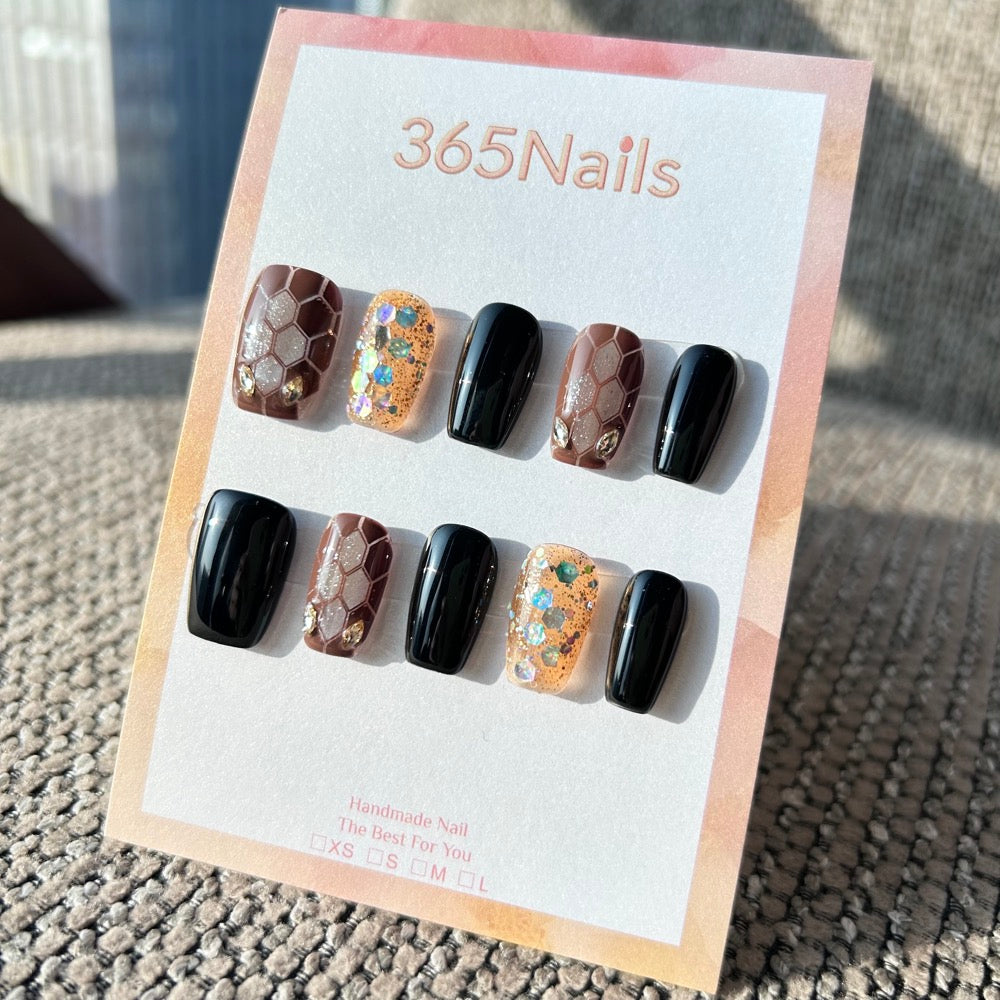 Luxury Logo The Gilded Serpent: "Amber Python" – Chocolate Brown & Black with Gold Sequin Glitter Handmade Press-On Nails