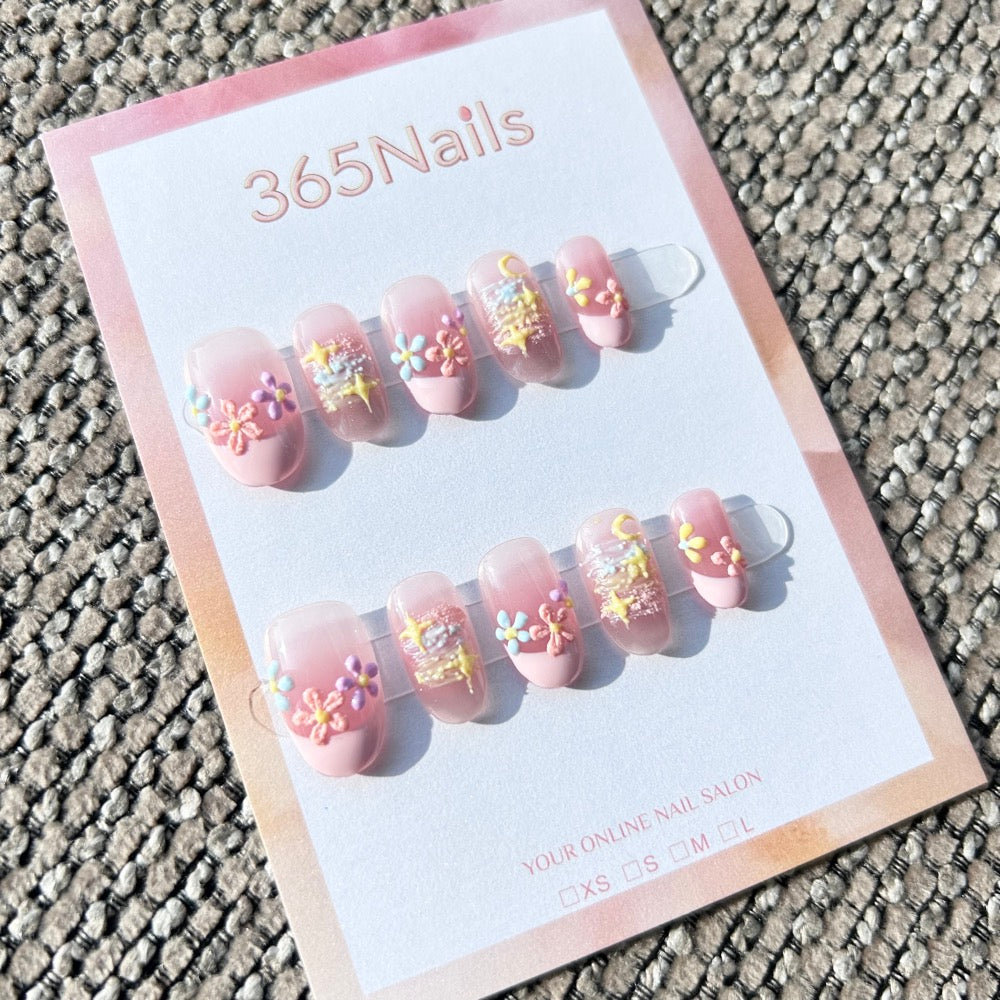 Sweet & Dopamine: "Spring Tweed Garden" – Jelly Nude Pink, 3D Pastel Flowers, Fuzzy Tweed Lines & Moon Press-on Nails