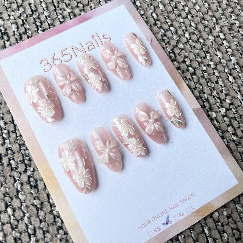 365nails: "Rose Gold Petals" – 3D Floral Handmade Short Almond Nails