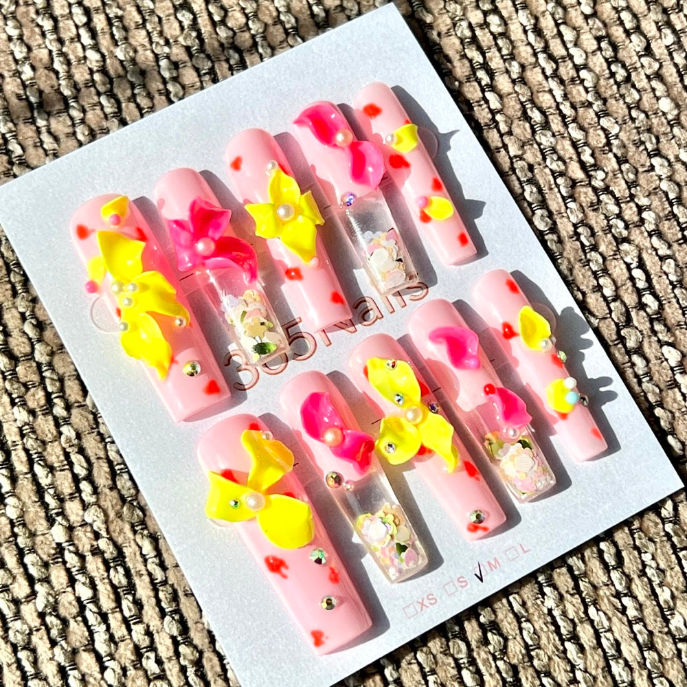 365nails: "Tropical Orchid Bloom" – Handmade Liquid Motion Press-On Medium Square Nails-4cm