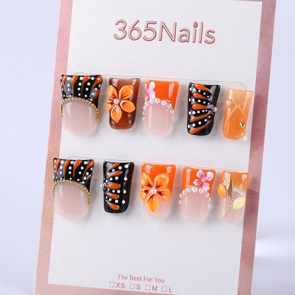 Autumn Orange Black French Style × 3D Flower and Pearl Necklace Press On Nail