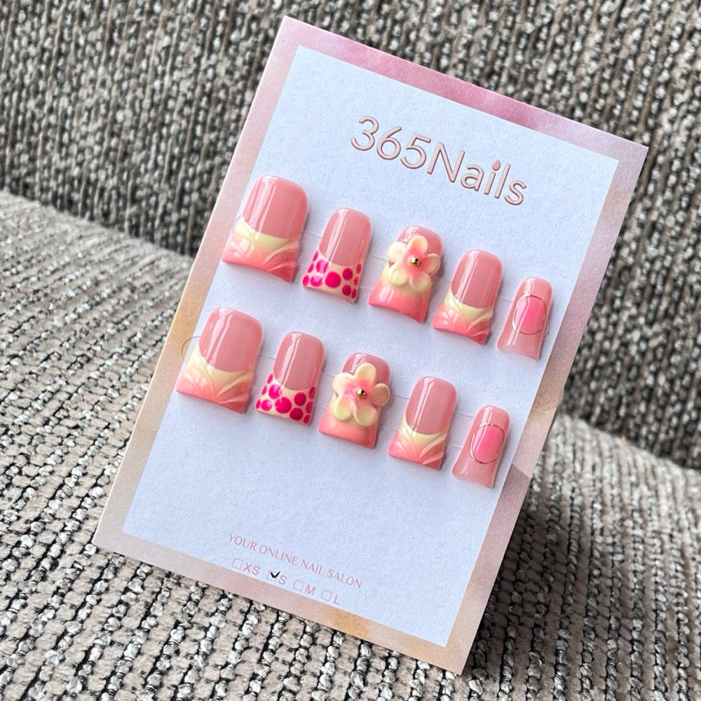 Cute Pink 3D Floral Squoval Press-On Nails