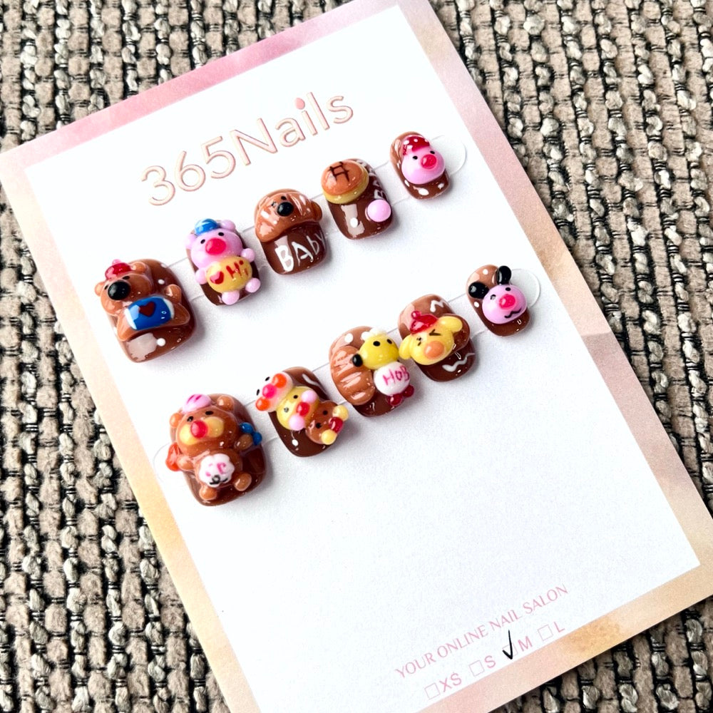 365nails: "Teddy Bear Picnic" – 3D Character & Pastry Handmade Short Square Nails