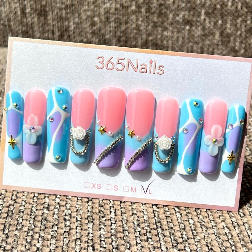 365nails: 천상의 꿈 – 3D 꽃 장식 & 체인 장식 수제 롱 코핀형 프레스온 네일