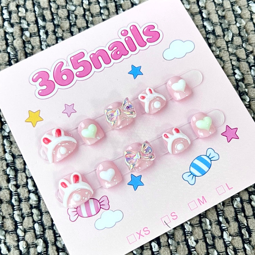 365nails: "Bunny Love" – 3D Rabbit & Heart Handmade Short Square Nails