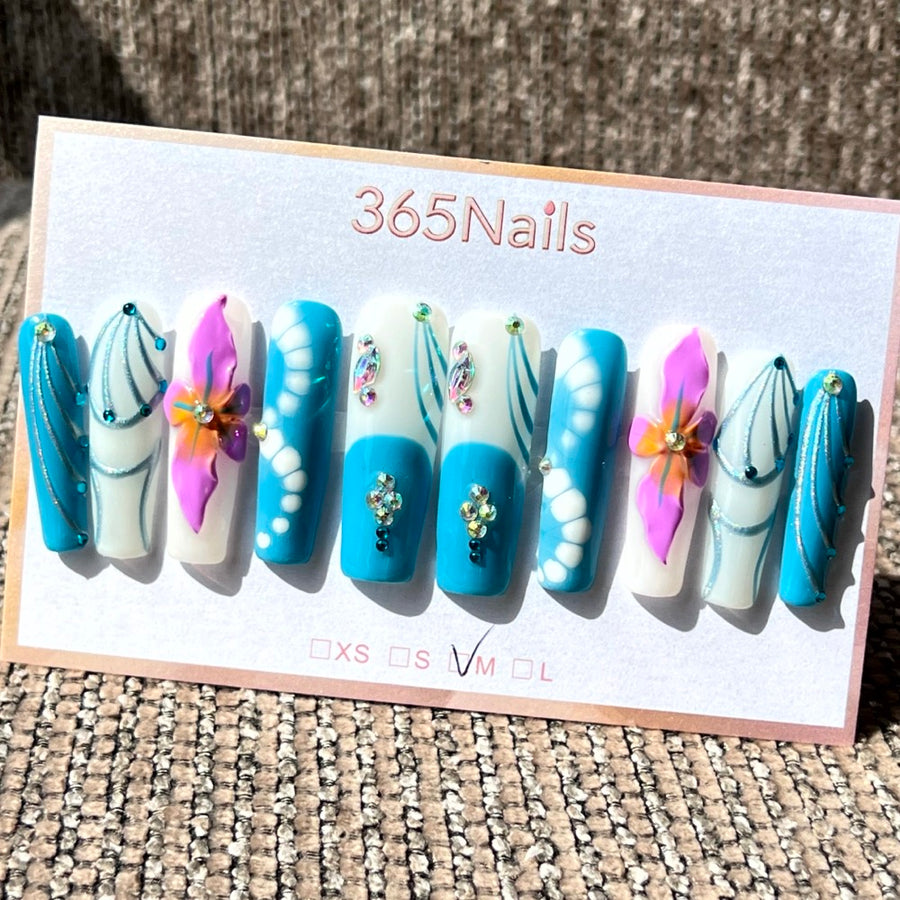 365nails: "Azure Fantasy" – 3D Floral & Abstract Handmade Long Almond Nails