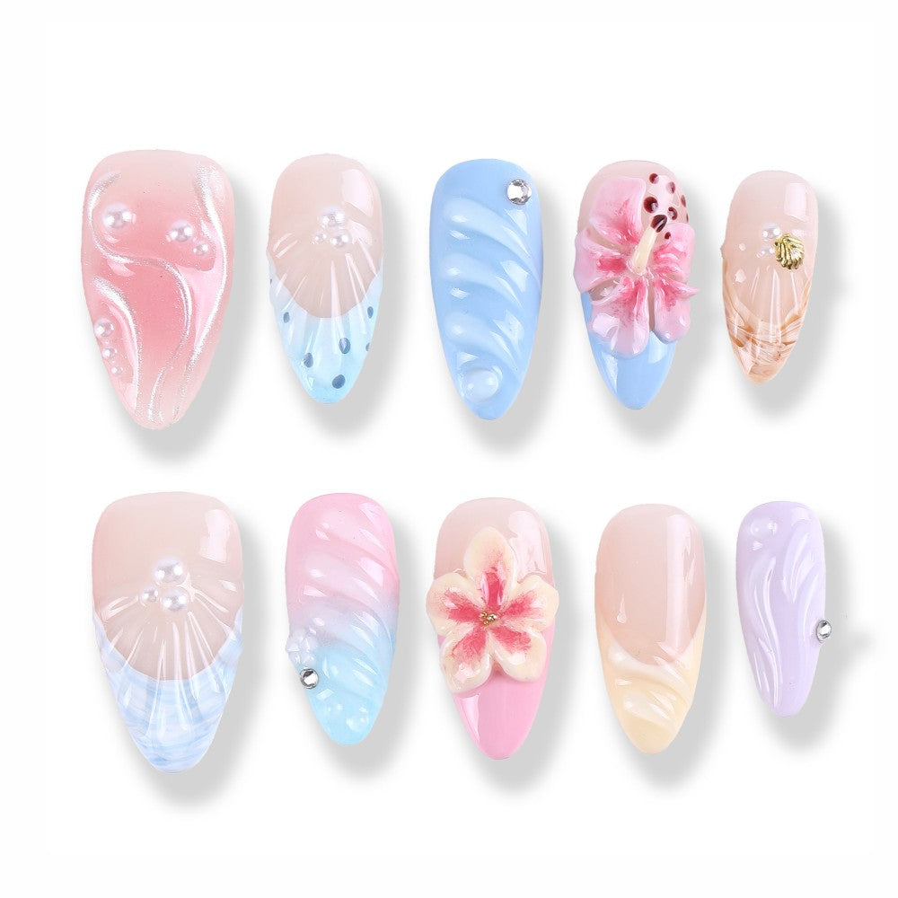 Pastel Pearl and Flower Press-On Nails with 3D Wave Design