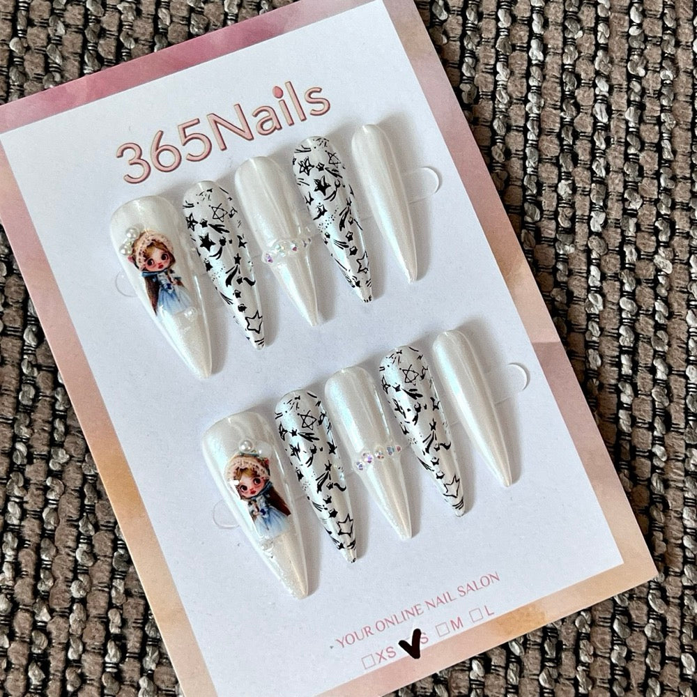 Silver Ink - Silver Black Pointed Press-On Nails