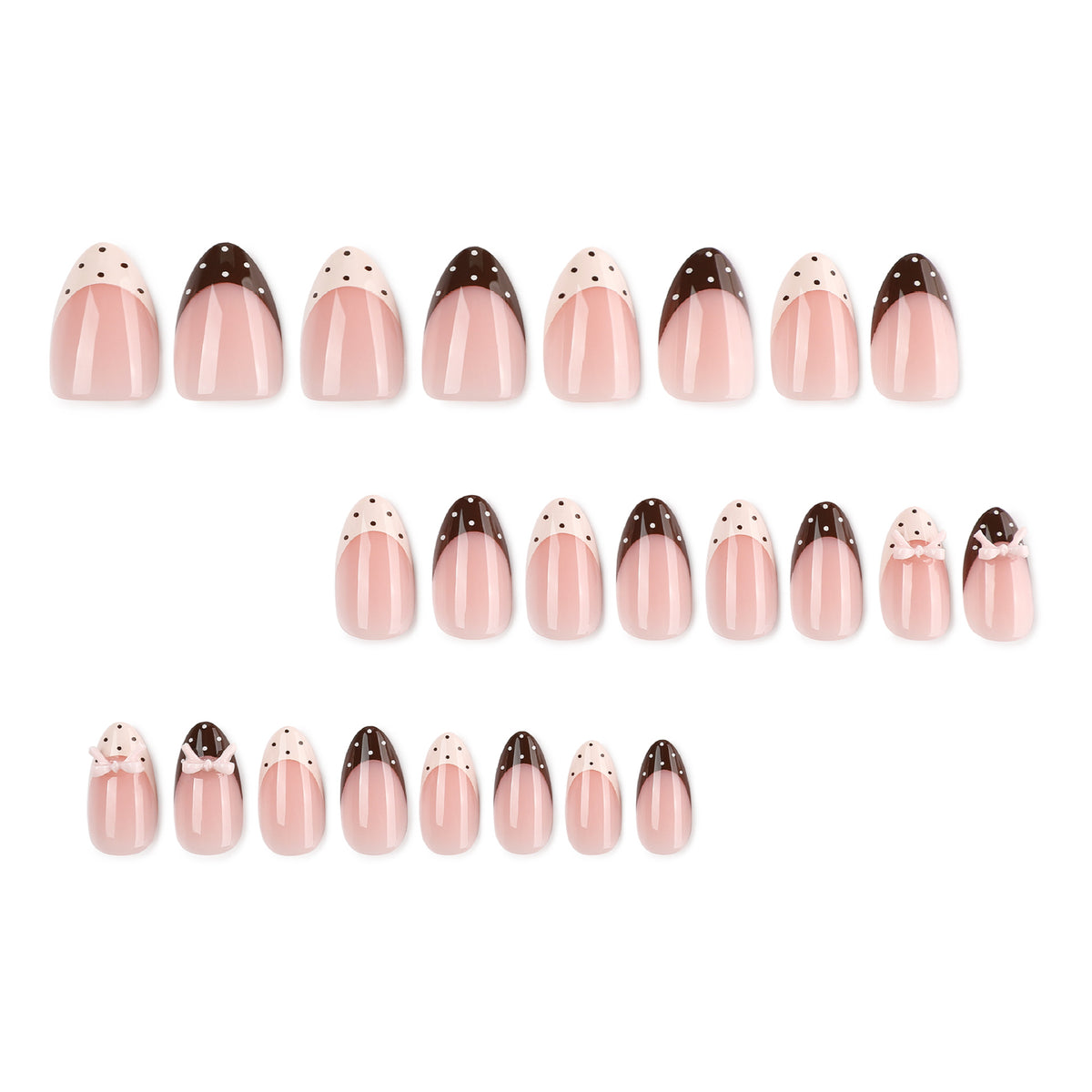 Full set layout of 24 almond press-on nails with polka-dot French tips in white and dark brown