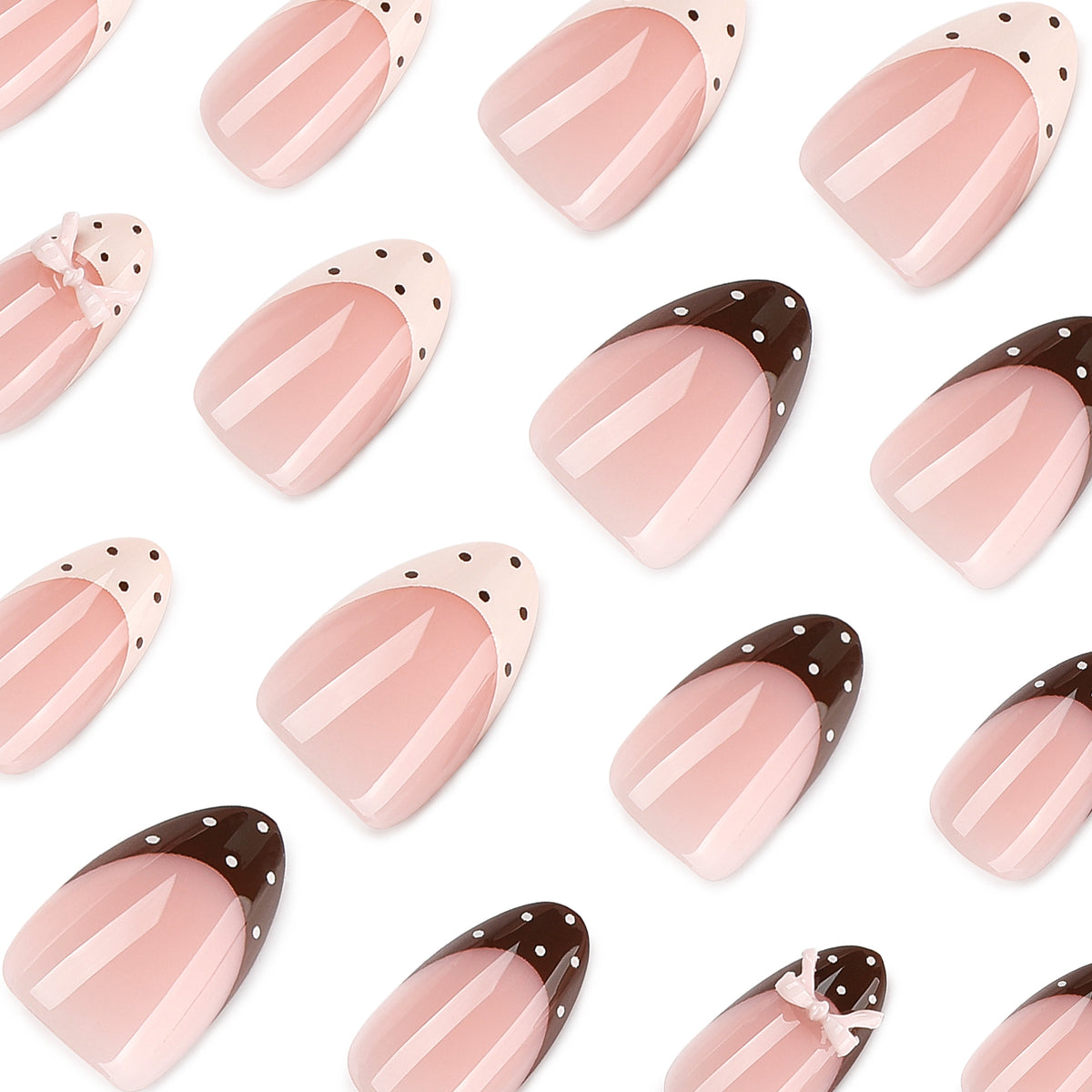 Top view of many almond nails with polka-dot French tips and small bow decorations