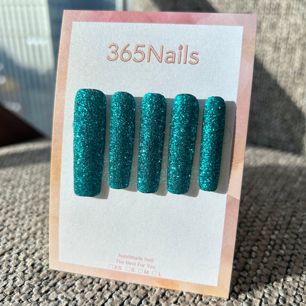 Deep Sea Teal Press On Nails｜Emerald Green Micro Glitter Square | Starry Glitter · Sparkling Series