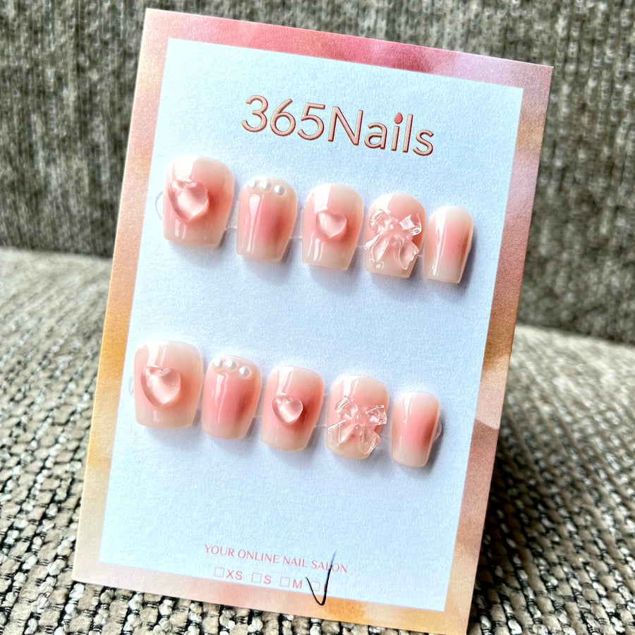 365nails: "Blush Jelly Bow" – 3D Clear Ribbon & Pink Aura Handmade Squoval Nails