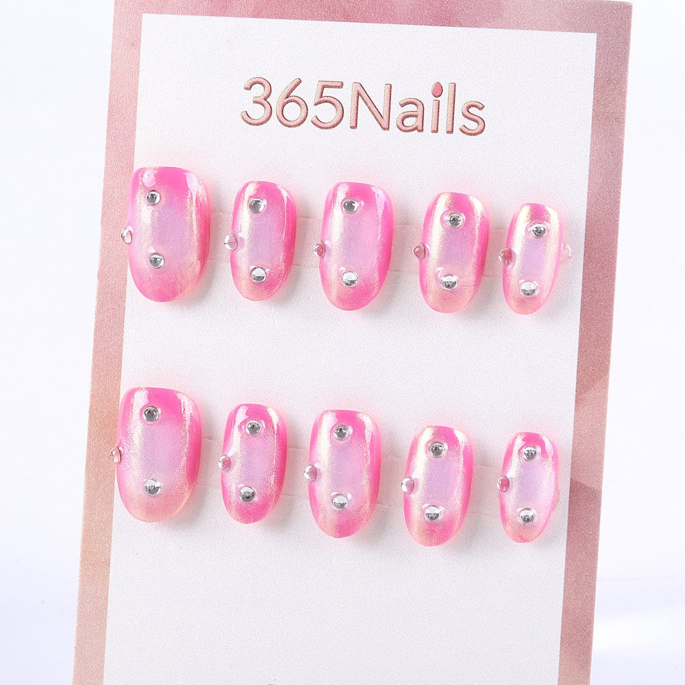 Pink Chrome Press-On Nails with Silver Studs ( MOQ=5pcs )
