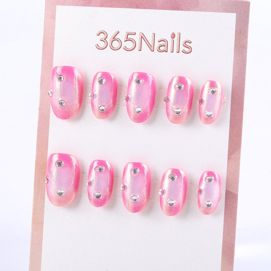 Pink Chrome Press-On Nails with Silver Studs ( MOQ=5pcs )