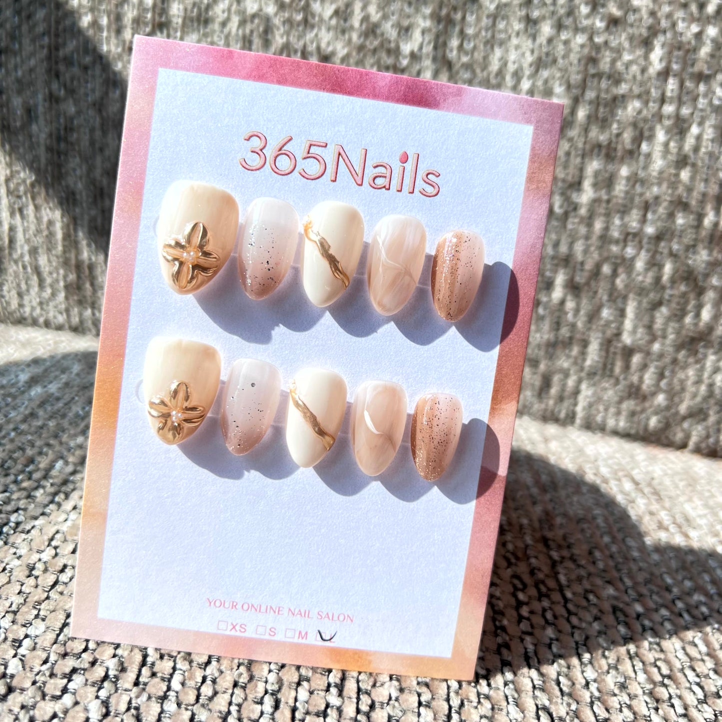 365nails: "Nude Gold Blossom" – Sheer Nude & 3D Gold Flower Handmade Oval Nails