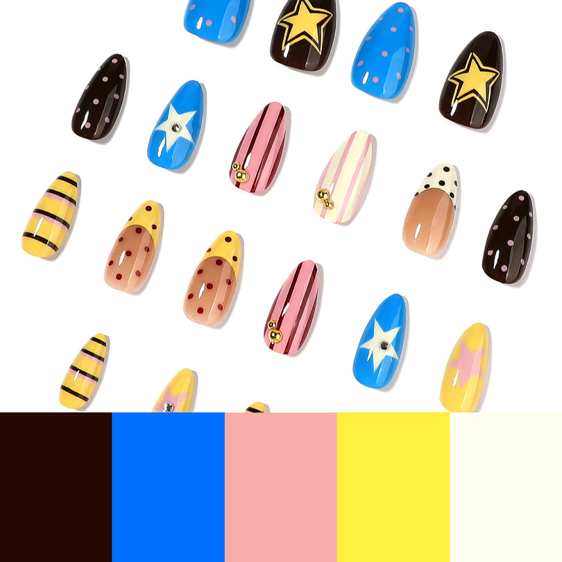 Scattered press-on nails above brown blue pink yellow cream color swatches