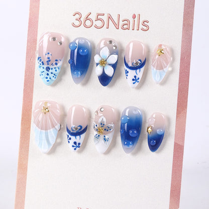 365Nails Sea-Salt Blue Floral 3D French Press-On Nails