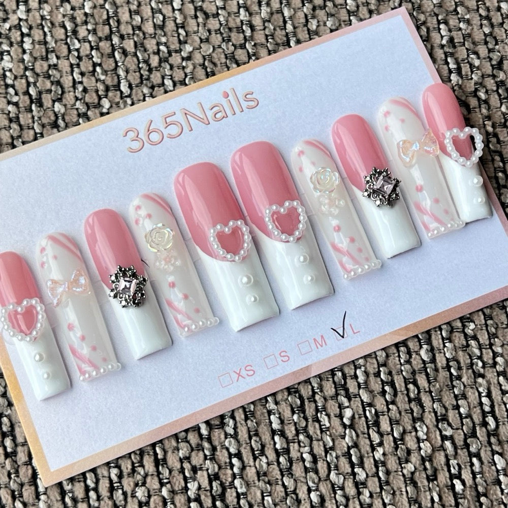 365nails: "Sweetheart's Reverie" – 3D 하트 레이스 수제 프레스온 네일 롱 코핀형