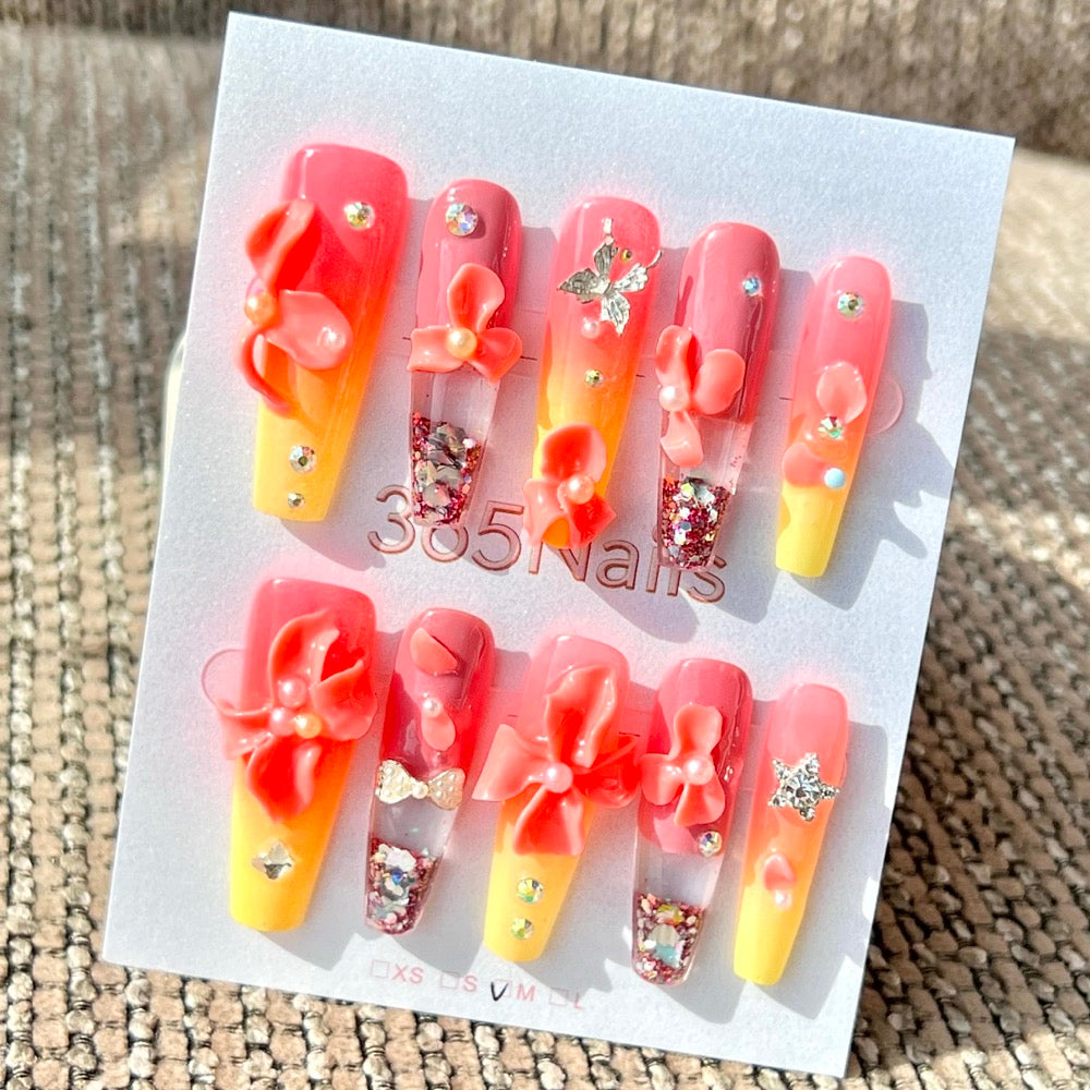 365nails: "Sunset Orchid Glow" – Handmade Liquid Motion Press-On Medium Square Nails-4cm