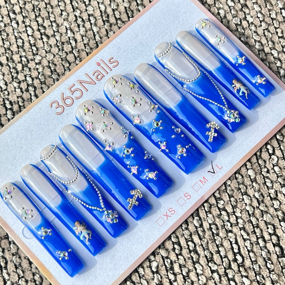 365nails: "Blue Angel Chain Long" – Handmade Long Trapezoid Press-On Nails