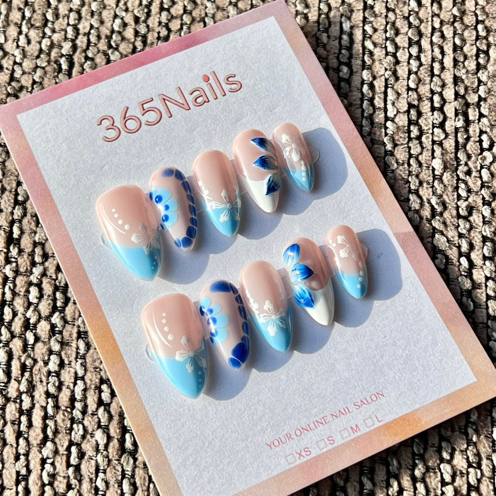 365nails: "Blue Floral French" – Handmade Medium Almond Press-On Nails