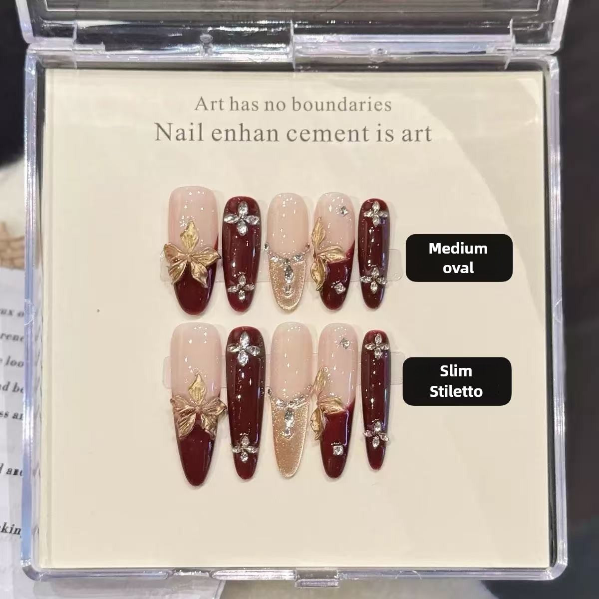 Elegant Burgundy Gold Floral Press On Nails Set