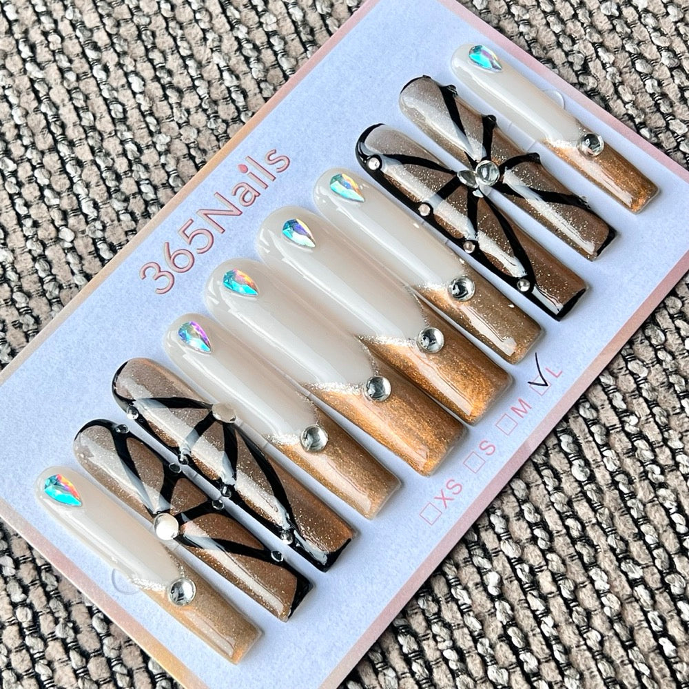 365nails: "Gold White Black Rhinestone Long" – Handmade Long Trapezoid Press-On Nails