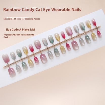 Nail Tips Press On Nails Cat Eye Rainbow Korean Cute Dopamine Girl Feeling Ins Style Removable Manicure 30pcs