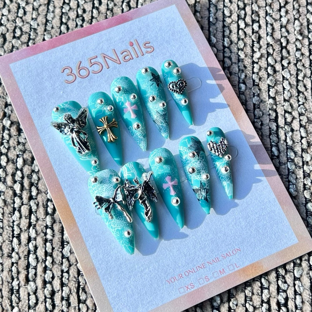 365nails: "Turquoise Grunge Angel Cross" – Handmade Medium Stiletto Press-On Nails