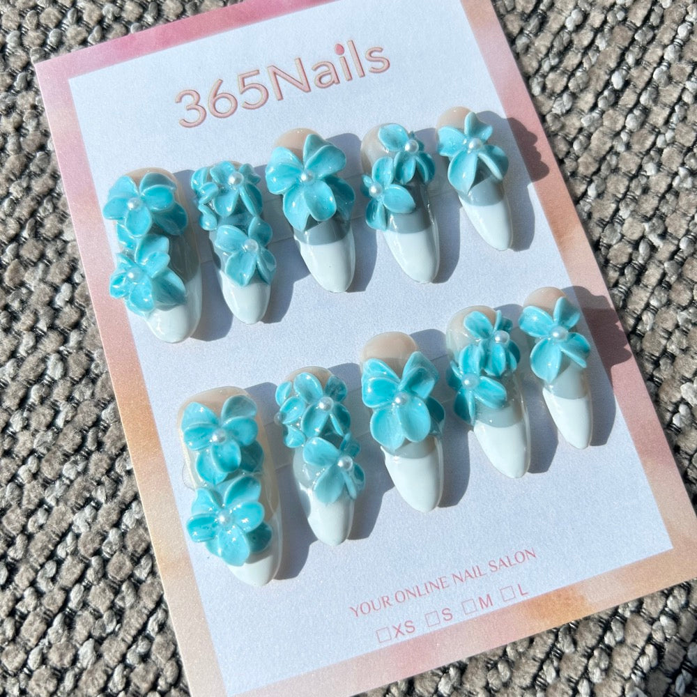 Sculpted Flora: "Tiffany Blue Breeze" – 3D Sky Blue Flowers with Pearls on White French Tip Almond Nails