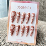 Femme Fatale: "Rust Fishnet Illusion" – Terracotta Brown Lace & Torn Mesh Pattern, Milky White Base Long Stiletto Nails