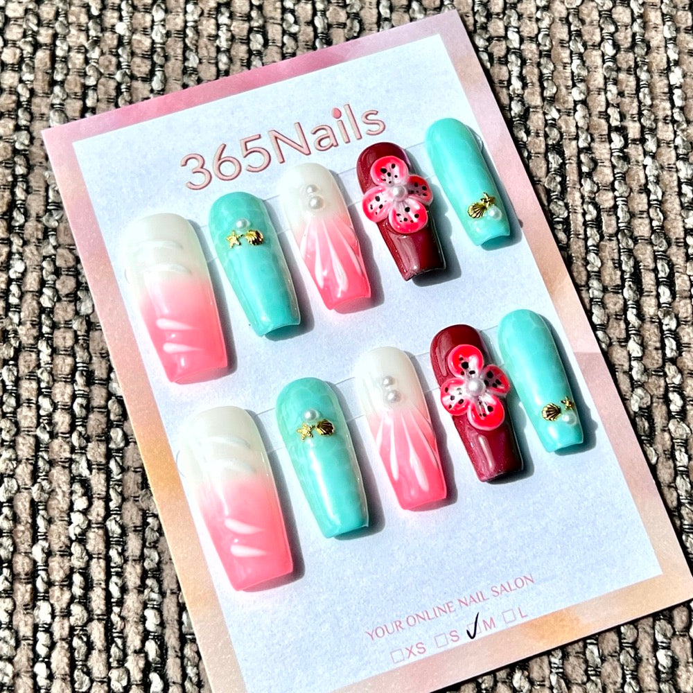 365nails: "Tropical Ocean Bloom" – Handmade Medium Square Press-On Nails