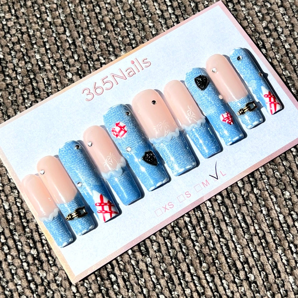 365nails: "藍色牛仔夢" – 3D立體緞帶與吊飾手工製長款棺材形穿戴甲