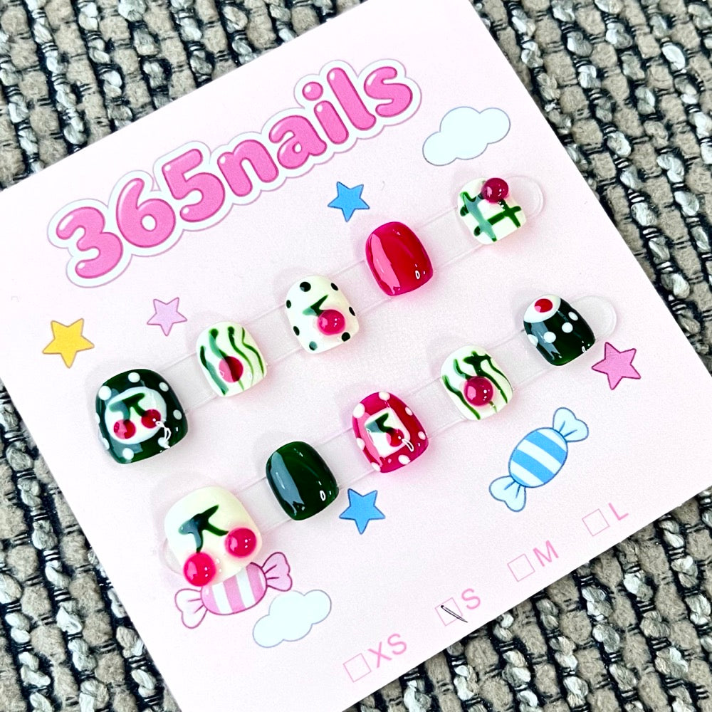 365nails: "Retro Cherry Pop" – 3D Fruit & Striped Handmade Short Square Nails