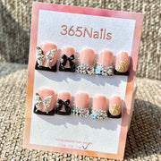 365nails: "Black Pink Butterfly Money Short" – Unhas Postiças Curtas Trapezoidais Feitas à Mão