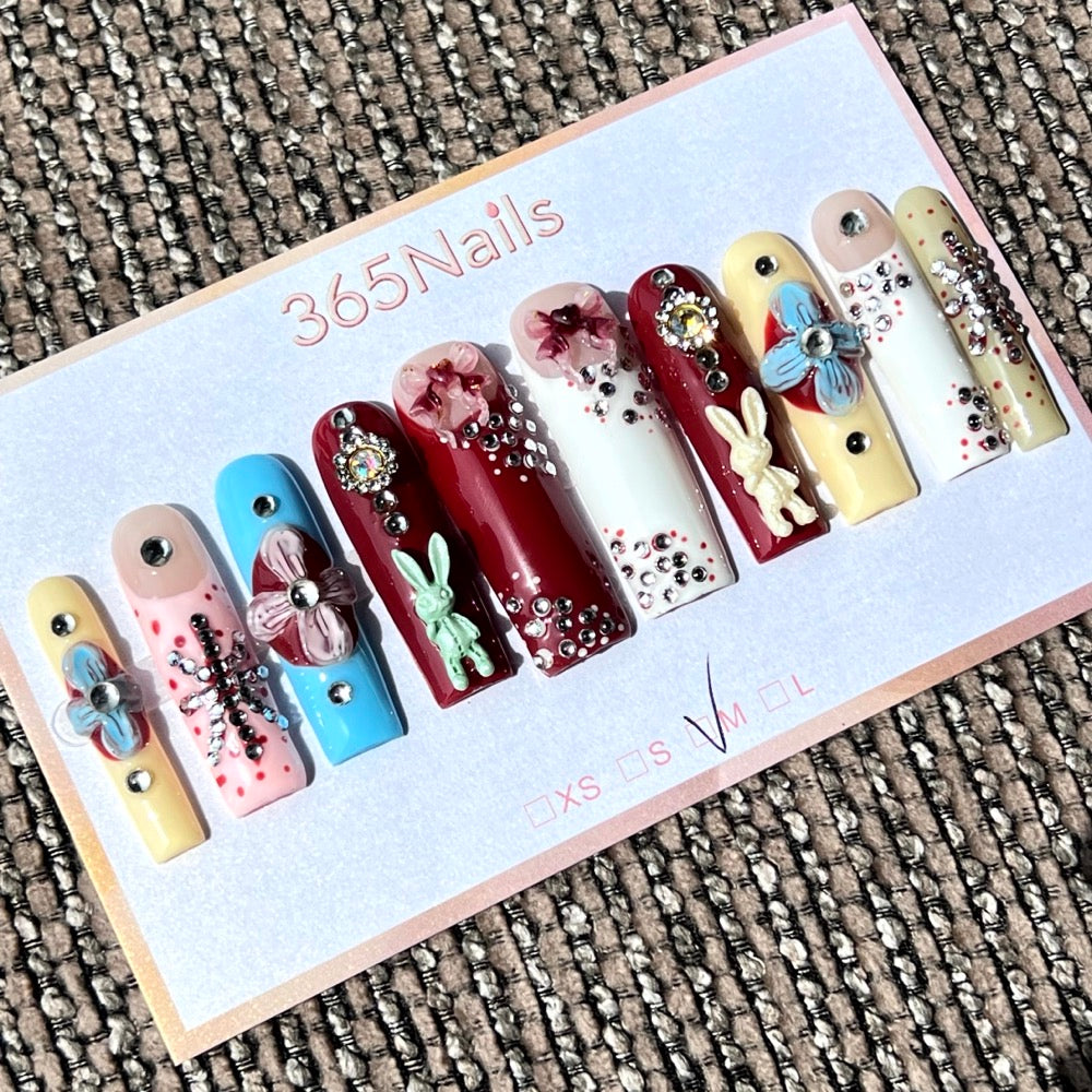 365nails: "Dreamy Wonderland" – 3D Bunny & Floral Handmade Long Coffin Nails