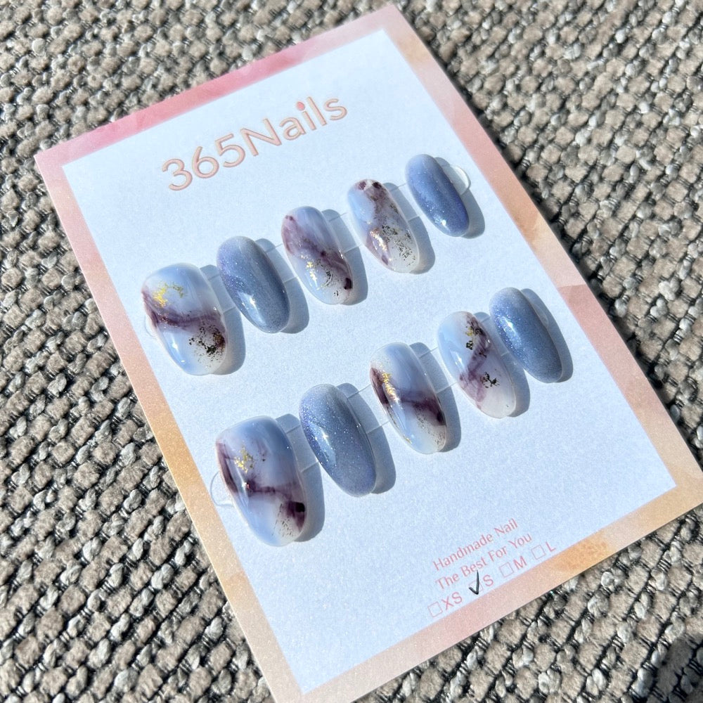 Ethereal Ink: "Lilac Haze" – Dusty Blue Cat Eye & Plum Smoke Marble with Gold Foil Oval Nails