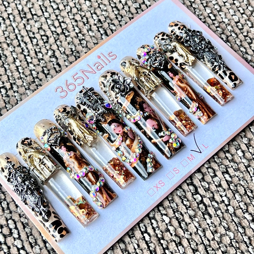 365nails: "Leopard Goddess Glam" – Handmade Liquid Motion Press-On Long Pipe Nails-5.5cm
