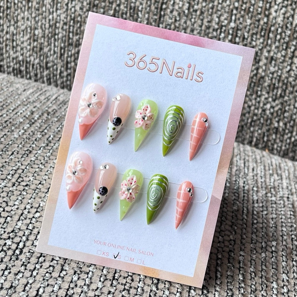 Spring Floral & Polka Dot Stiletto Press-On Nails